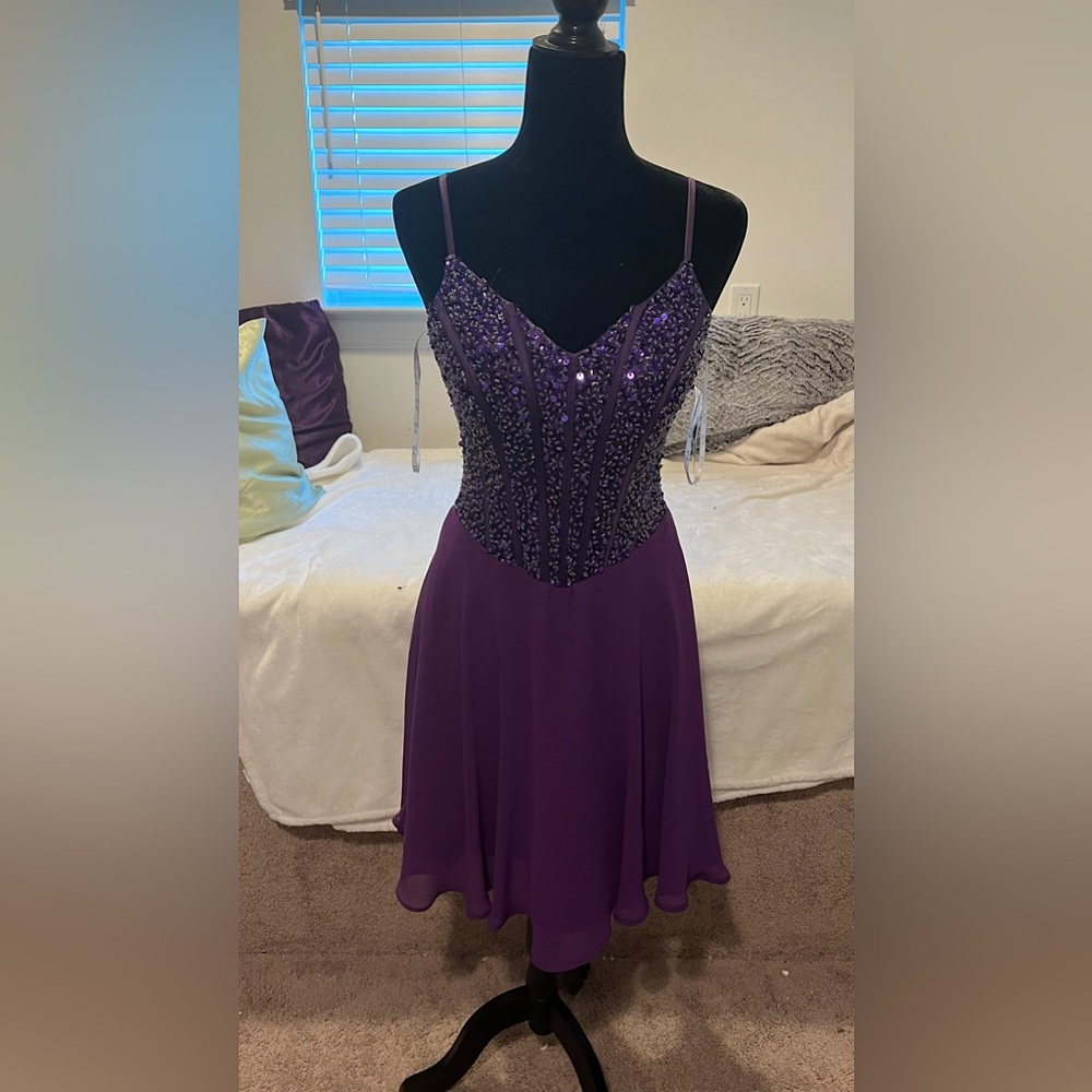 Camille la vie short mini purple dress with corset beading torso